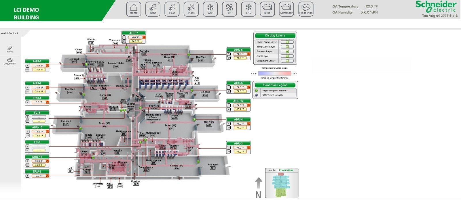 Factory floor plan with labeled machinery, stations, and status boxes in a gray-and-green schematic.