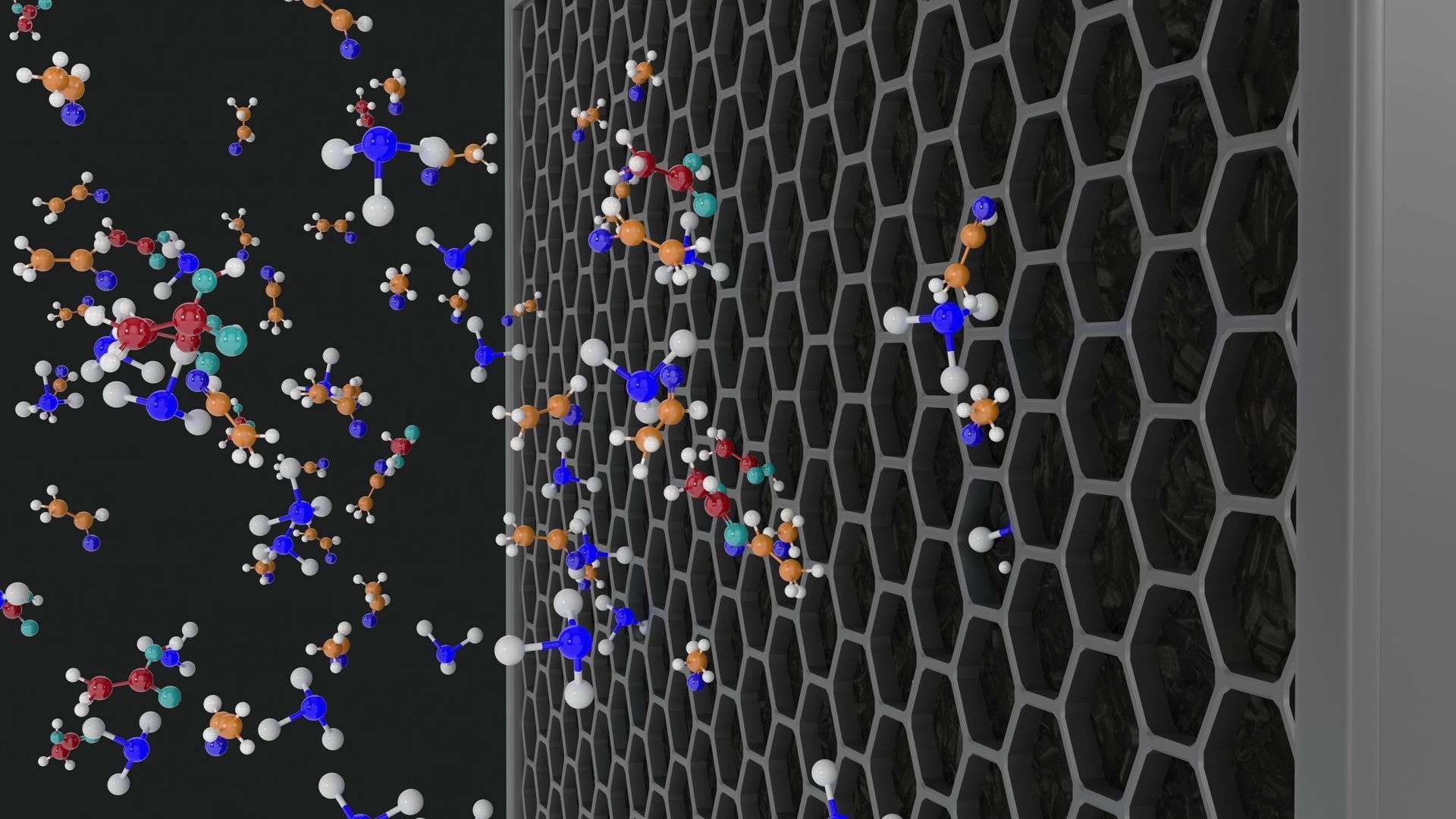 Molecules drifting toward a black honeycomb carbon nanotube surface on a dark background