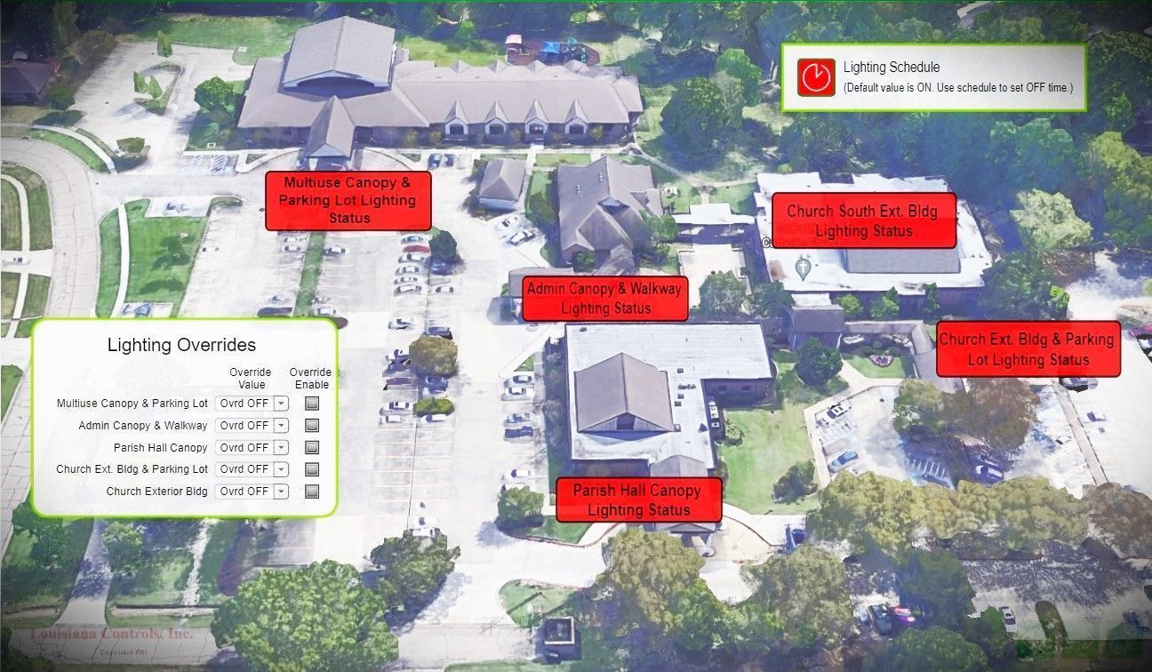 Aerial campus map with red labels marking buildings and a white legend box in the lower left.