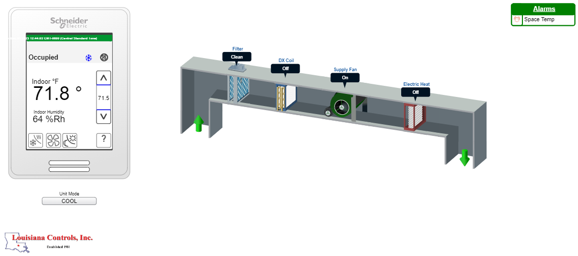 Smart home dashboard with thermostat reading 71.8°F and a house heating/cooling system diagram.
