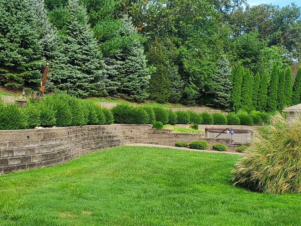 A large lush green lawn with a stone wall and trees in the background.
