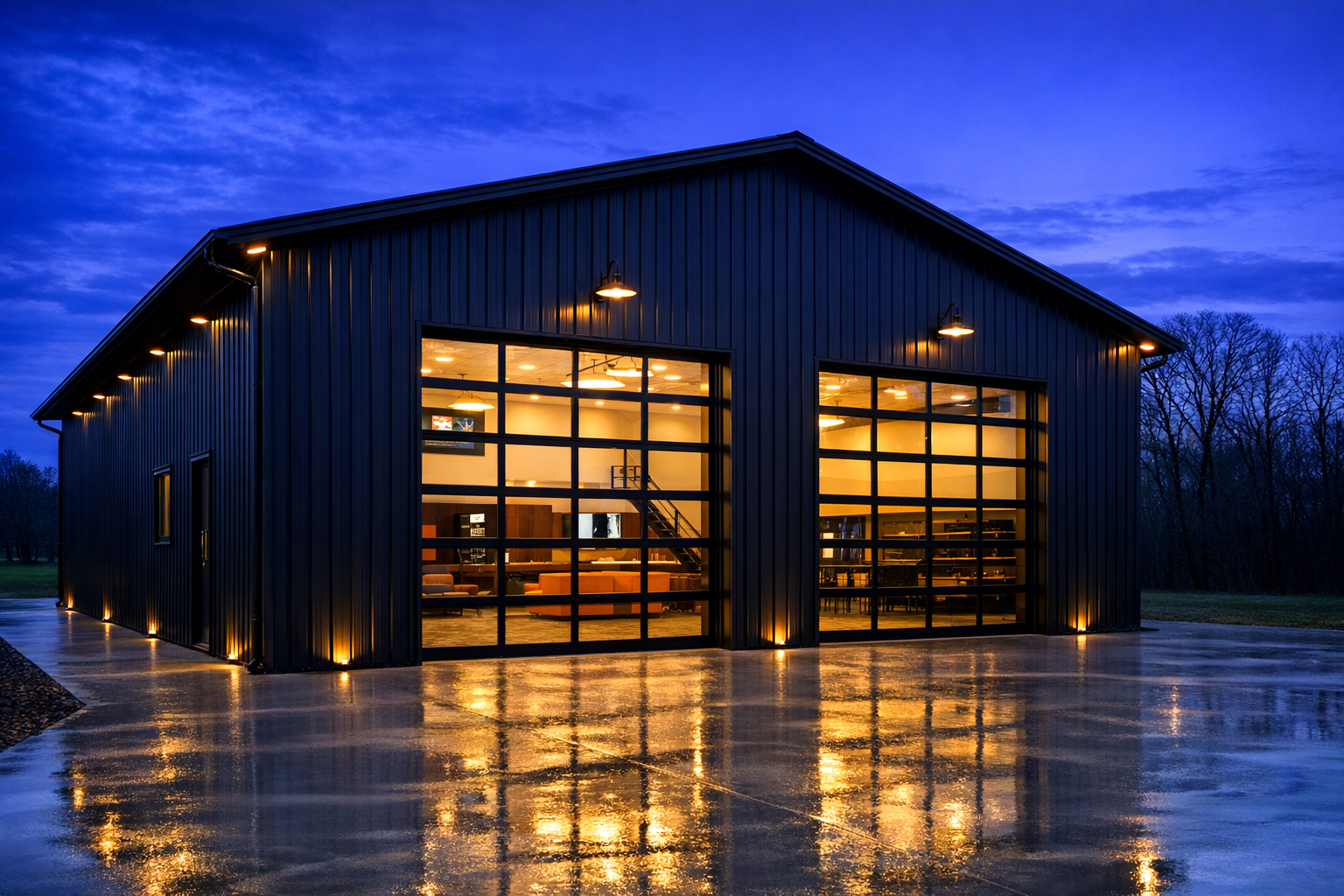 Modern metal garage with large glass doors glowing warmly on a wet driveway at dusk