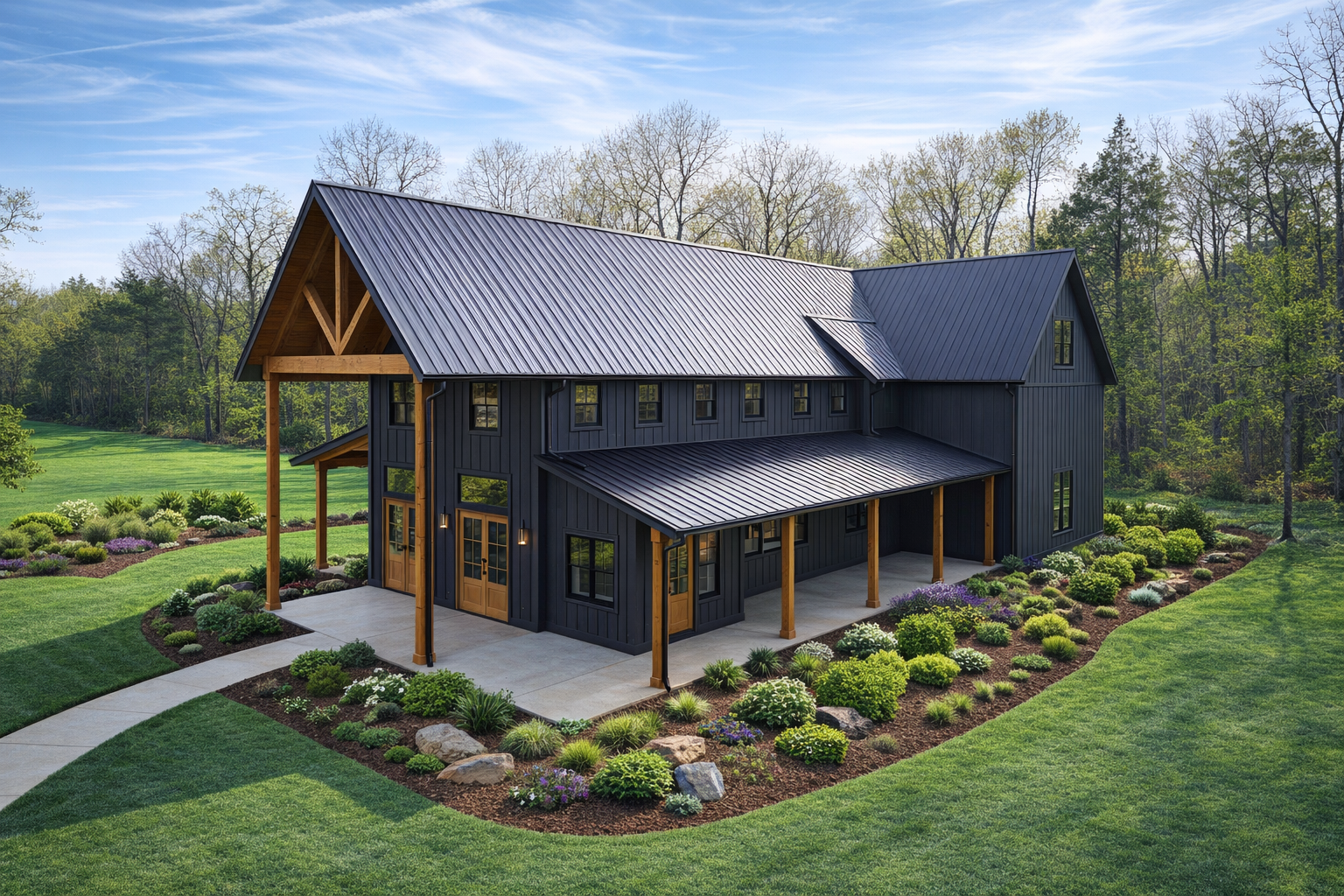 Dark modern farmhouse with gabled roof, covered porch, and landscaped yard in a wooded setting