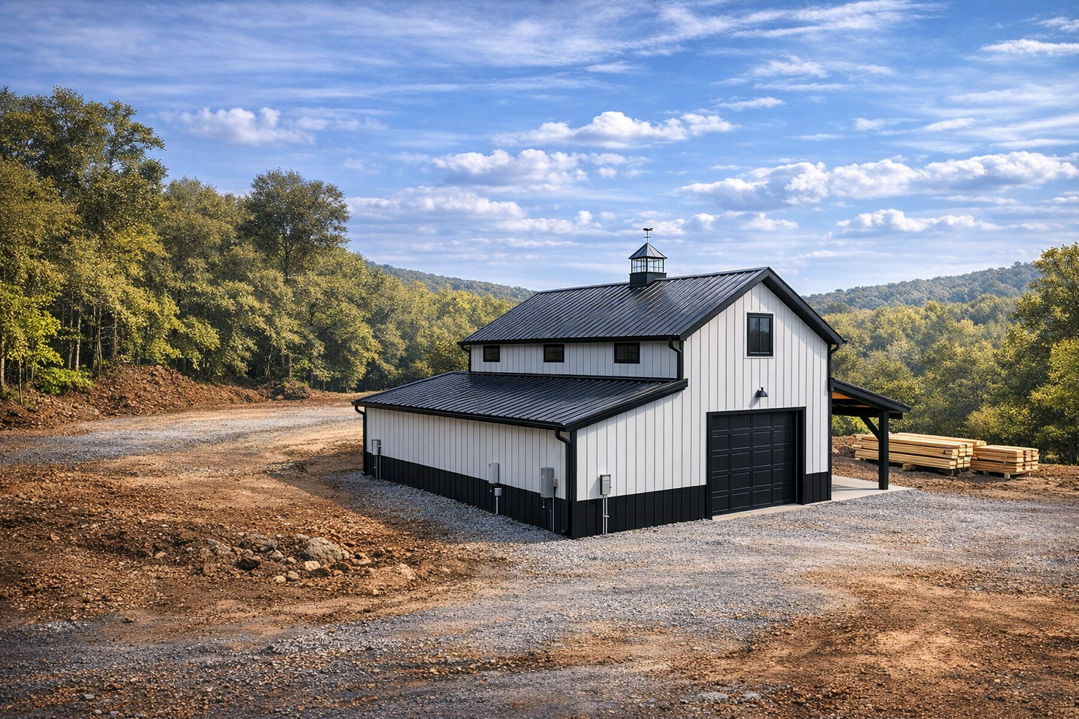 White and black barn-style house on a gravel lot, surrounded by trees under a cloudy blue sky.