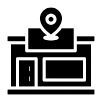Black icon of a person at a desk with a location pin above them, suggesting location services or a check-in station