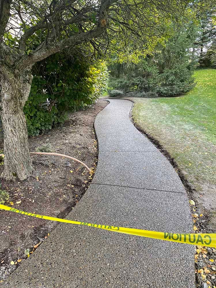 A concrete walkway with a tree on the side of it.