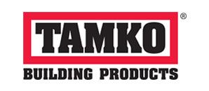 TAMKO Building Products logo with red and white rectangle frame, black text.