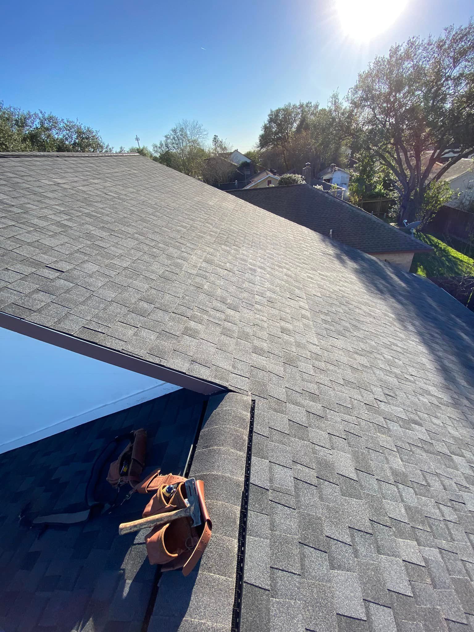 Rooftop with dark asphalt shingles, bright sun, and trees in the distance.