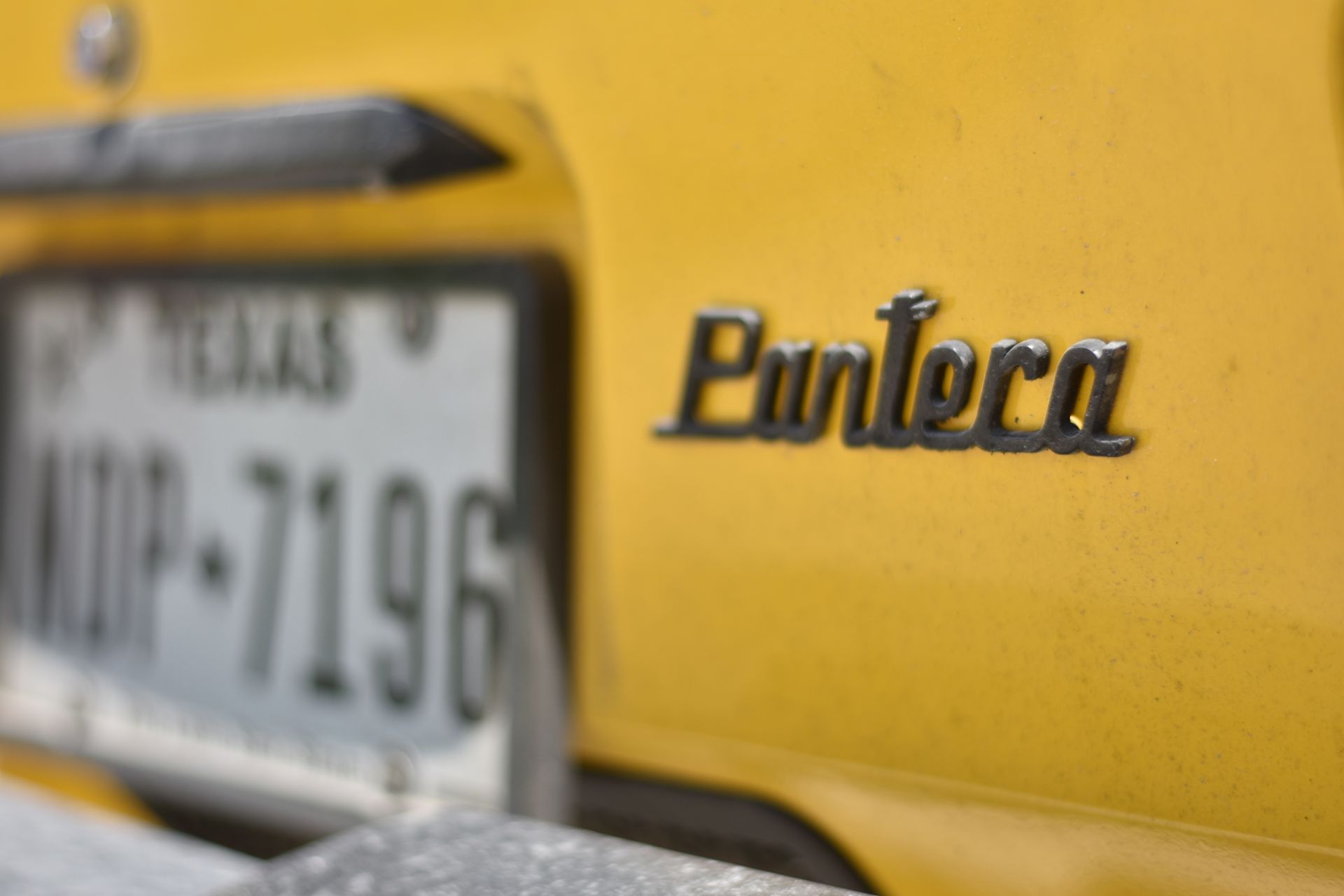 Yellow car rear with Pantera emblem and Texas license plate.