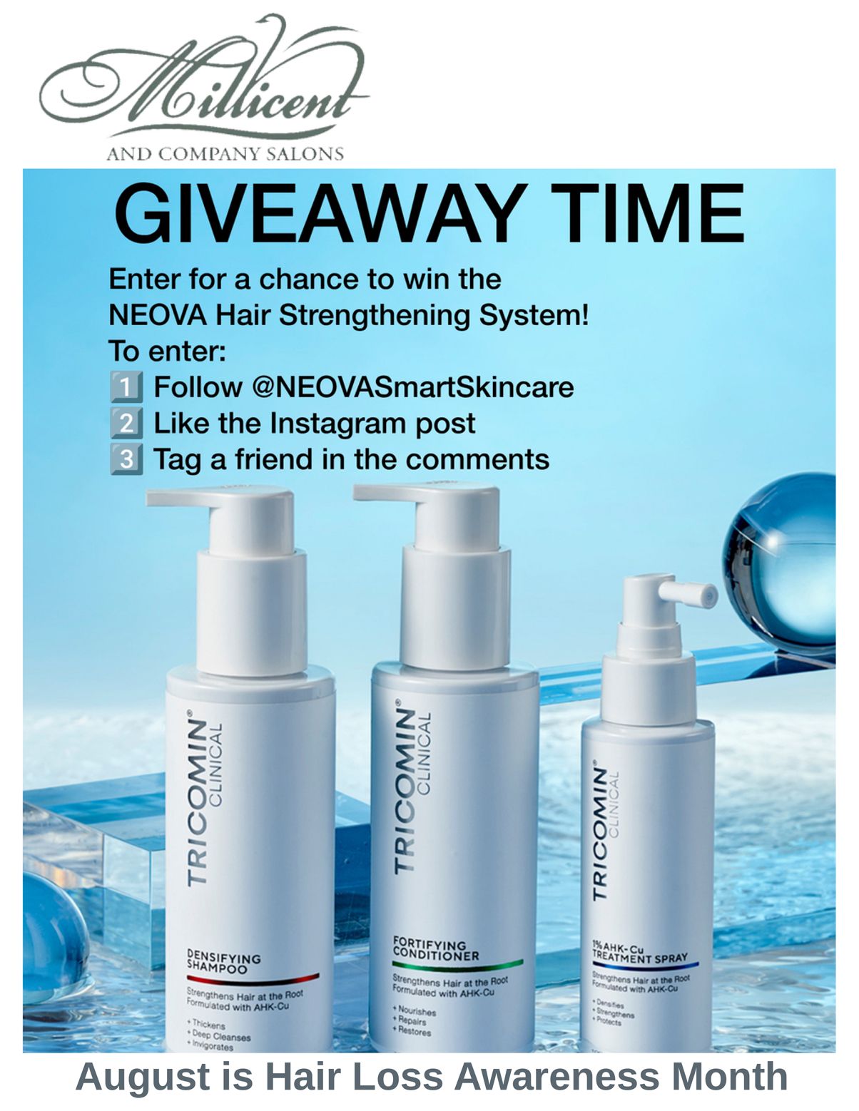 Giveaway poster for NEOVA Hair Strengthening System with three silver bottles on a blue background.