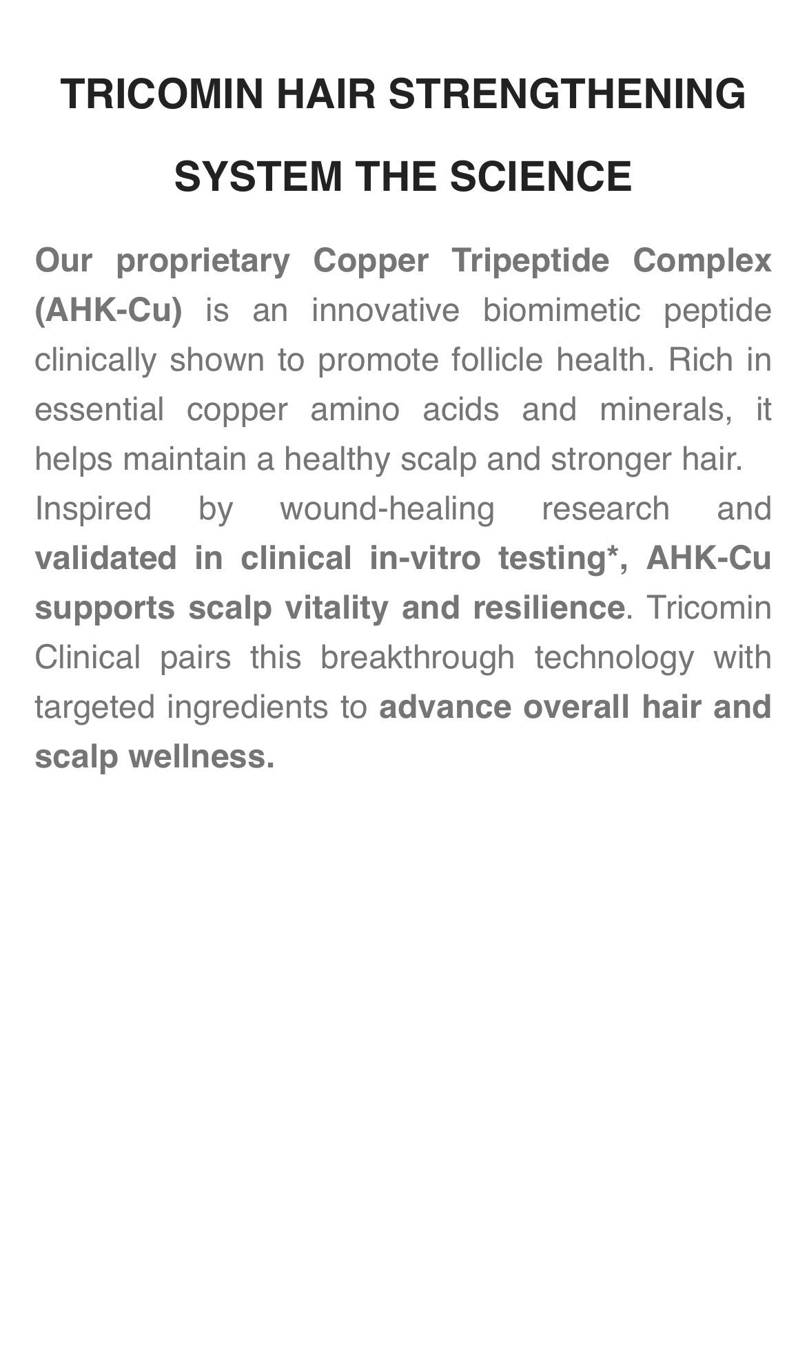 Text ad for Tricomin Hair Strengthening System, The Science, on a white background.