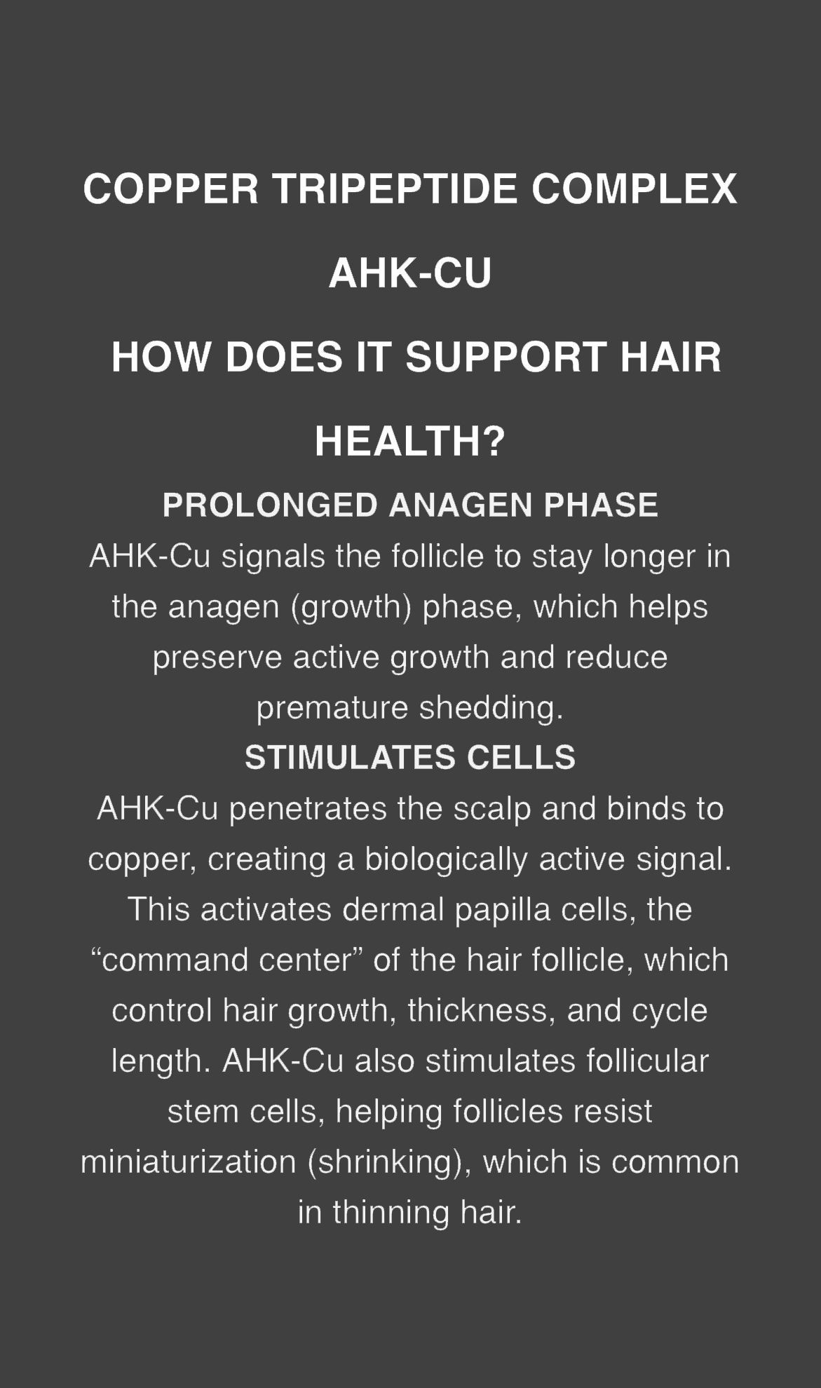 Dark poster with white text about copper tripeptide complex and hair health; small bottle image at bottom.