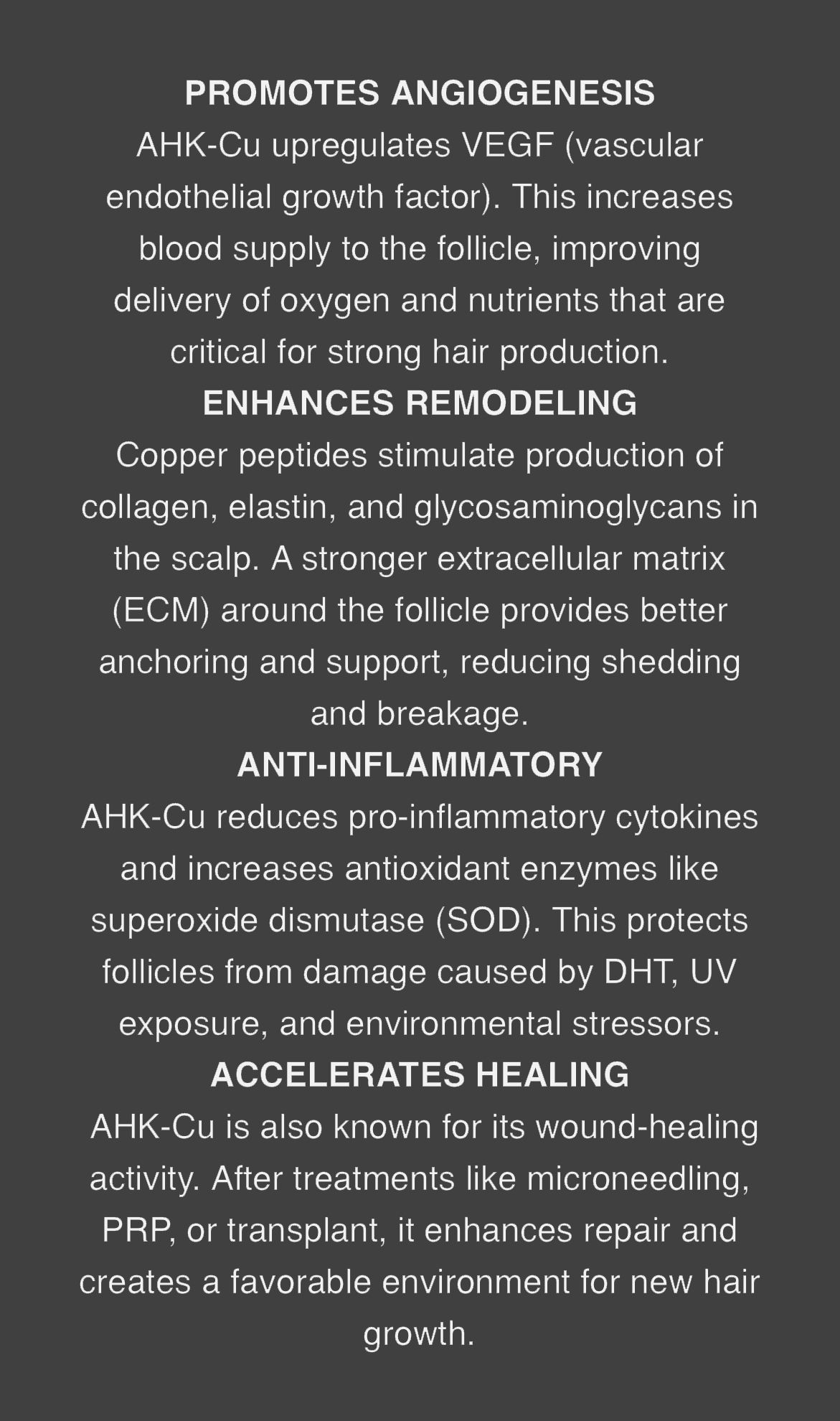 Black poster listing health benefits: promotes angiogenesis, energy metabolism, anti-inflammation, and ACL reconstruction recovery.