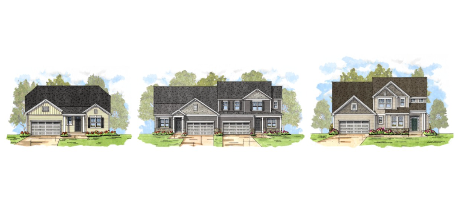 Three house renderings with landscaping.