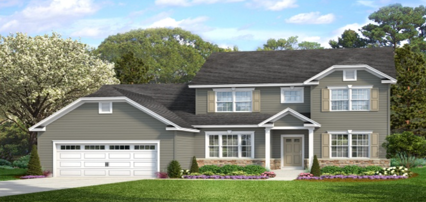 Two-story gray house with white trim, tan shutters, and a dark roof; set on a green lawn with trees.
