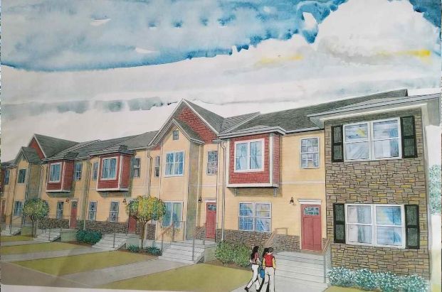 Watercolor painting of townhouses; yellow walls, red accents, cloudy sky. Two figures walk by.