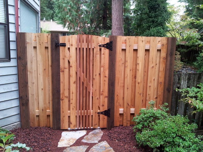 A wooden fence with a gate in the backyard