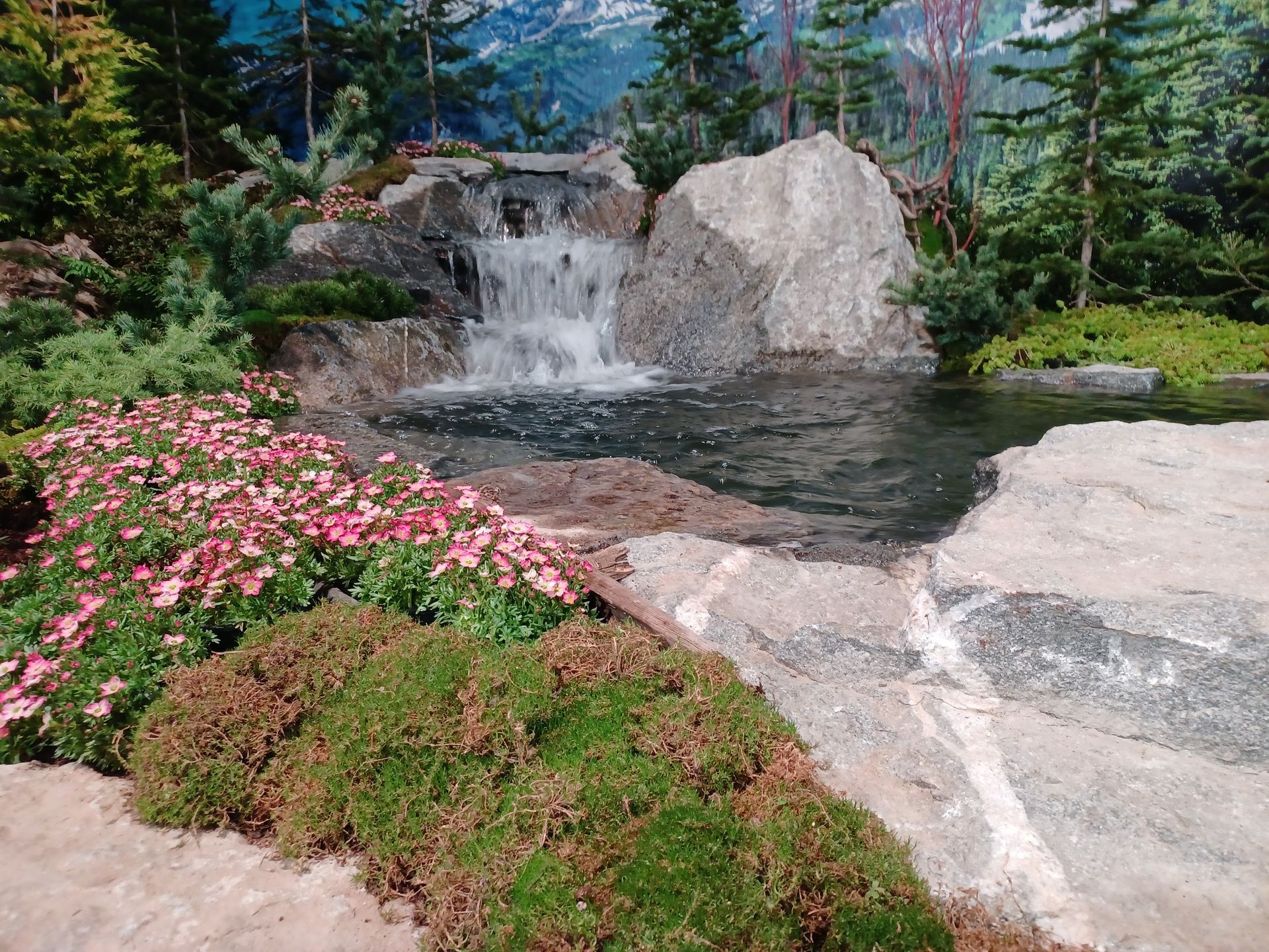 A waterfall is surrounded by rocks and flowers in a garden