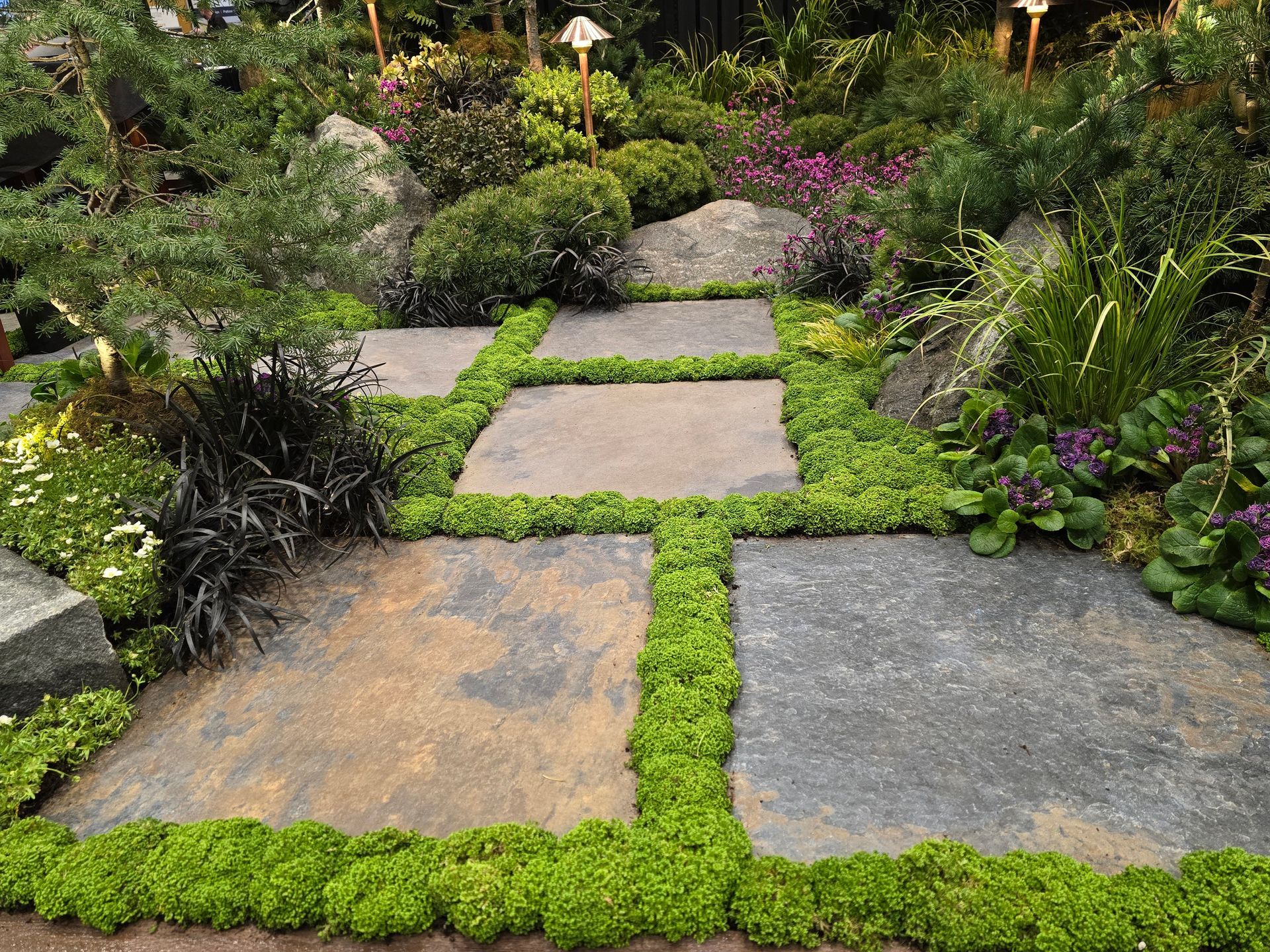 A stone walkway surrounded by plants and rocks in a garden