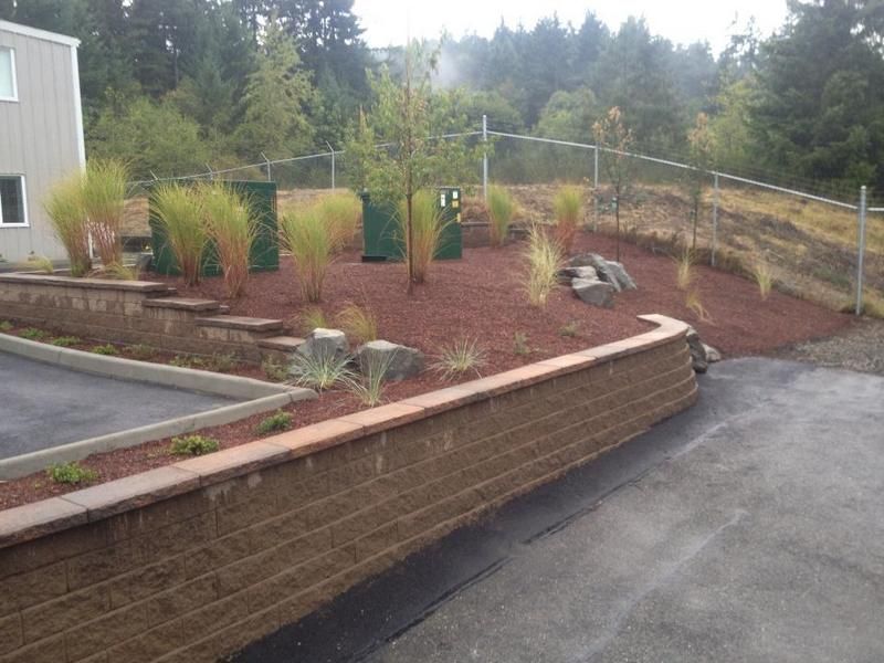 A brick wall surrounds a lush green garden in front of a building.