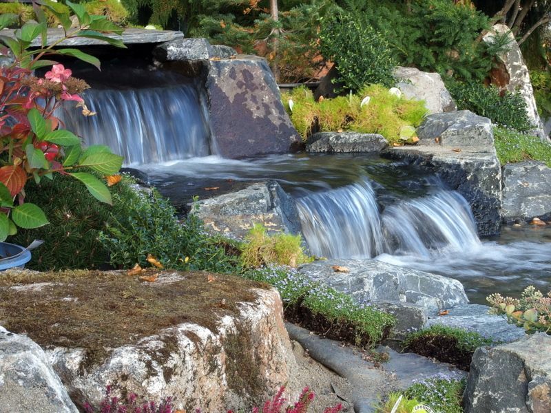 A waterfall is surrounded by rocks and plants in a garden