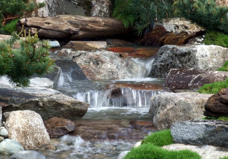 A small waterfall surrounded by rocks and moss in a garden