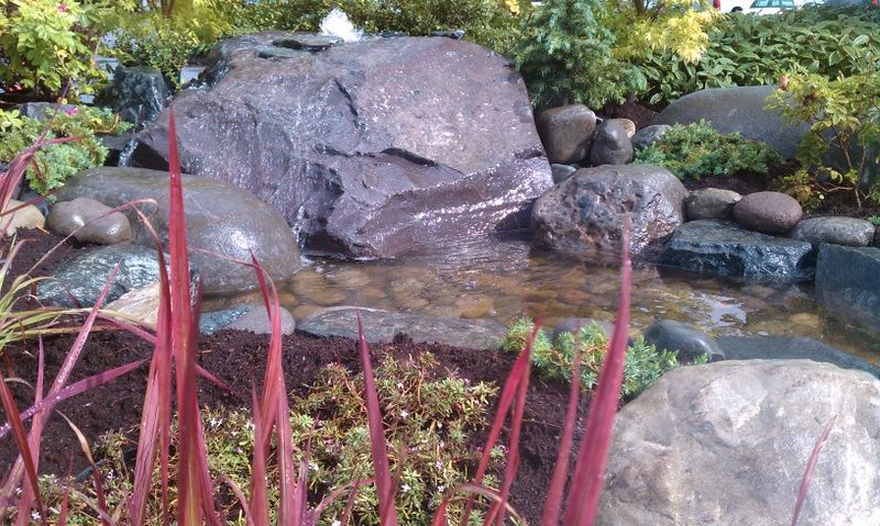 A waterfall is surrounded by rocks and plants in a garden.
