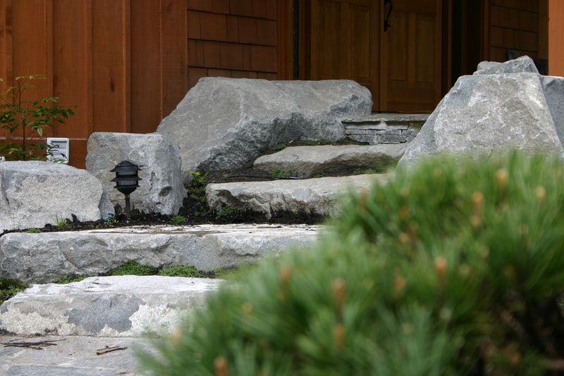 A stone staircase leading up to a house with a tree in the foreground.