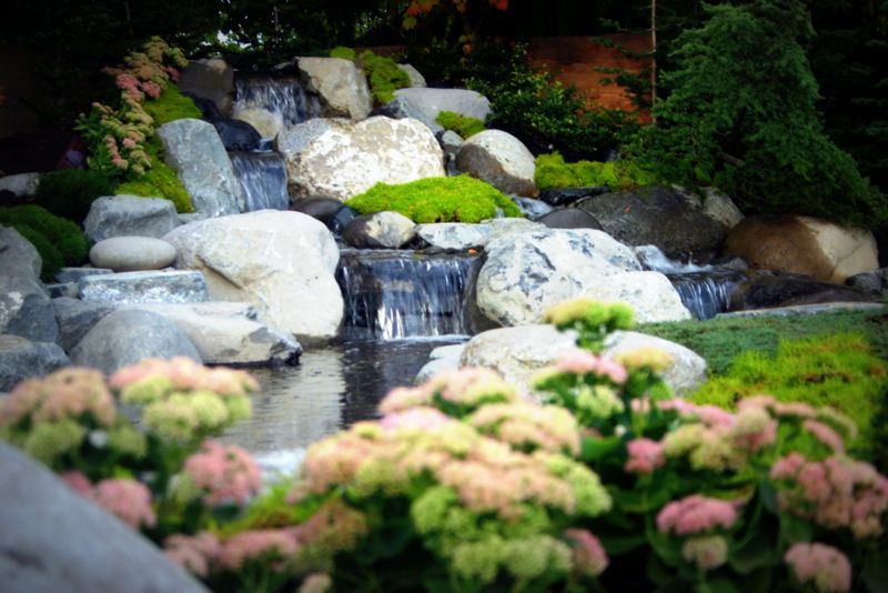 A waterfall is surrounded by rocks and flowers in a garden.