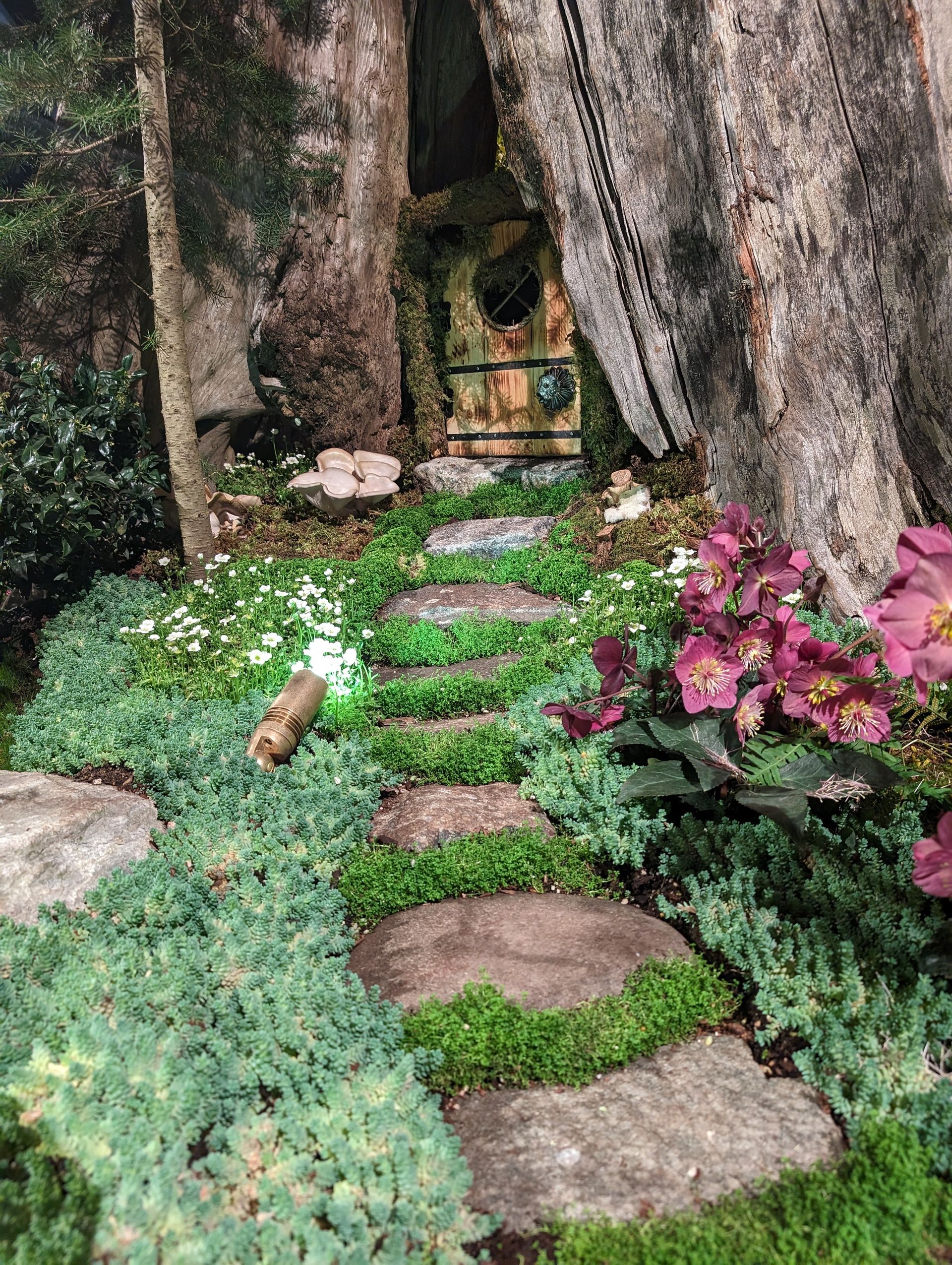 There is a fairy house in the middle of the woods.