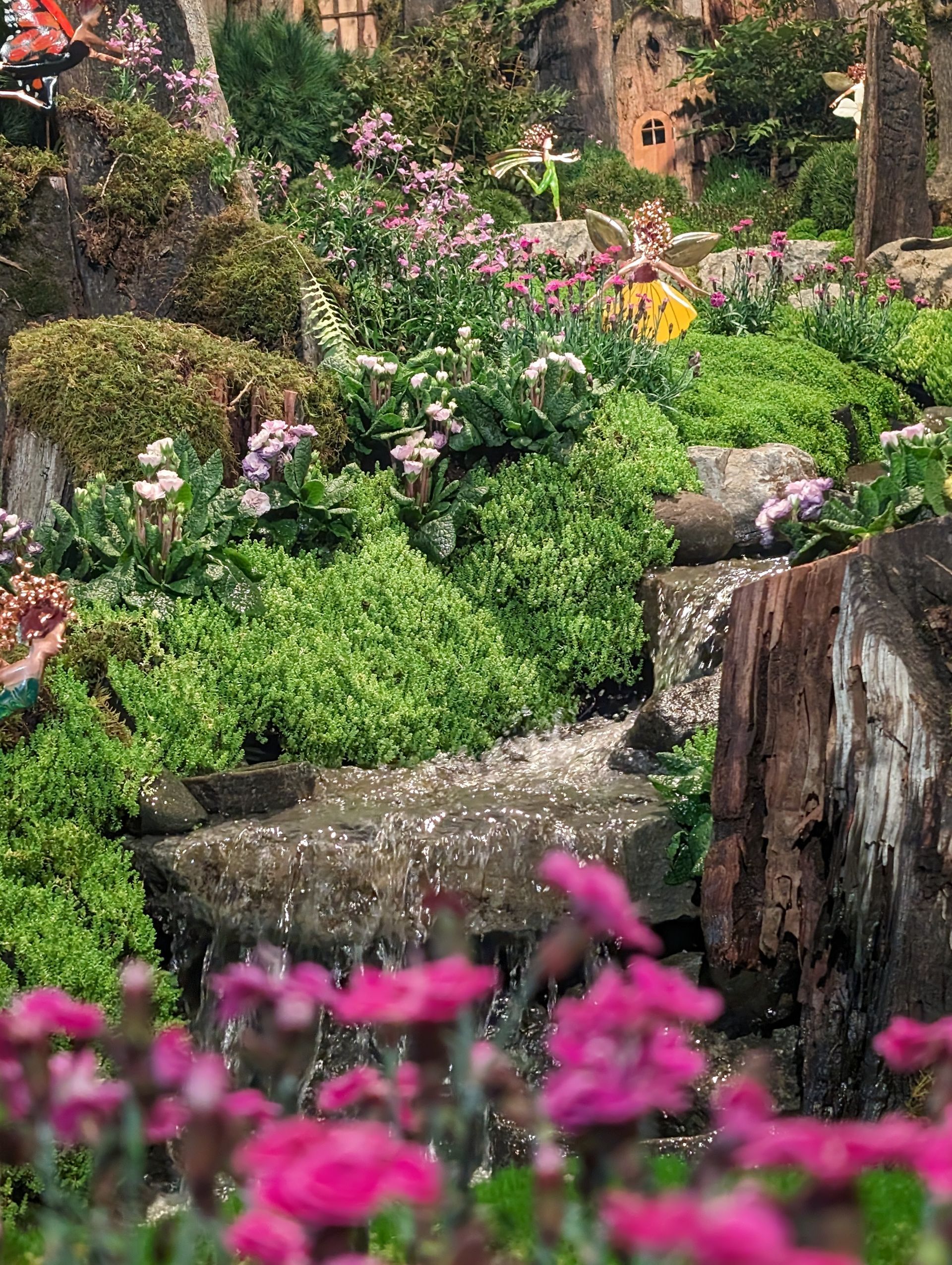 A garden filled with lots of pink flowers and green plants.