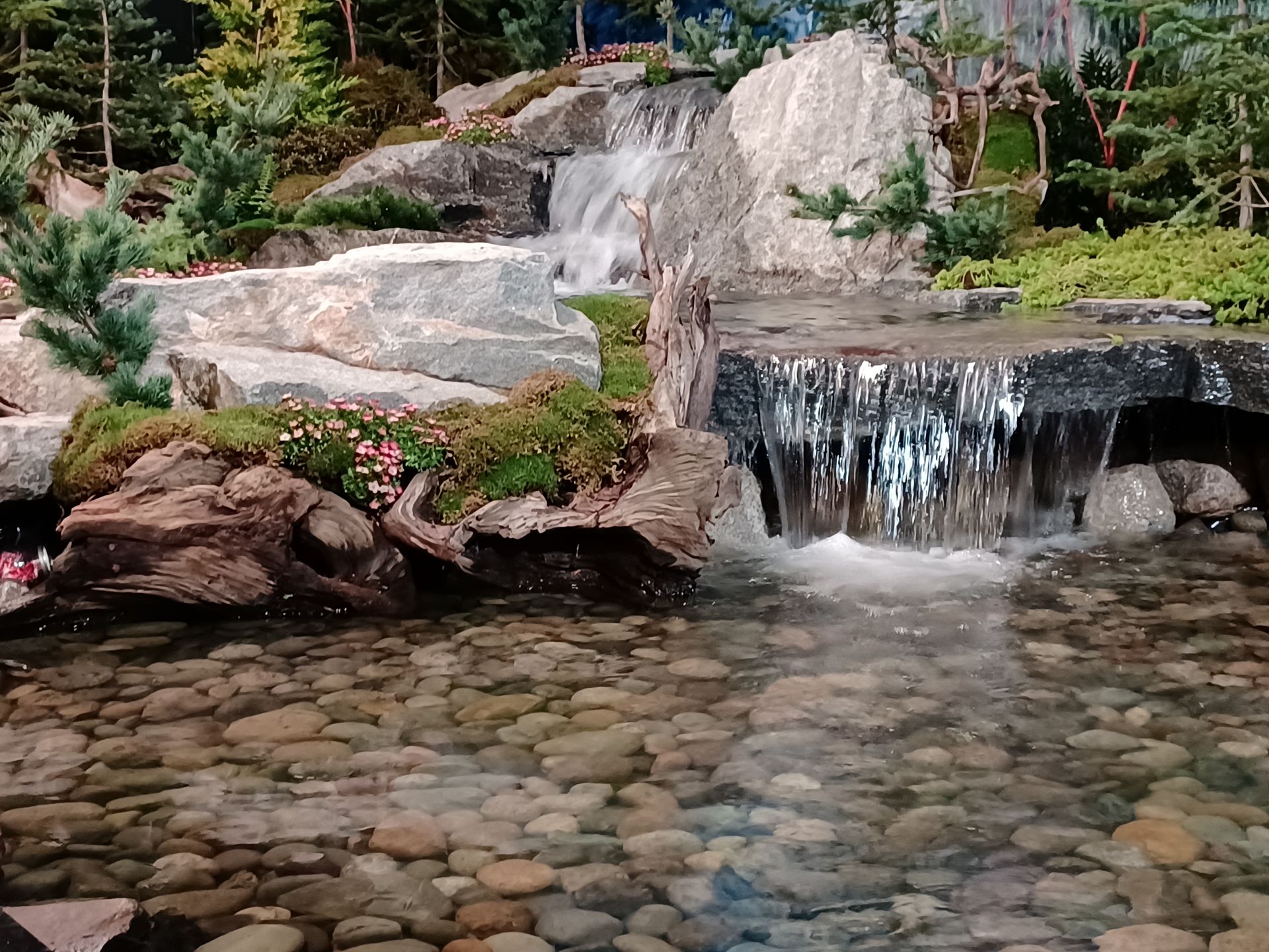 A waterfall is surrounded by rocks and trees in a garden