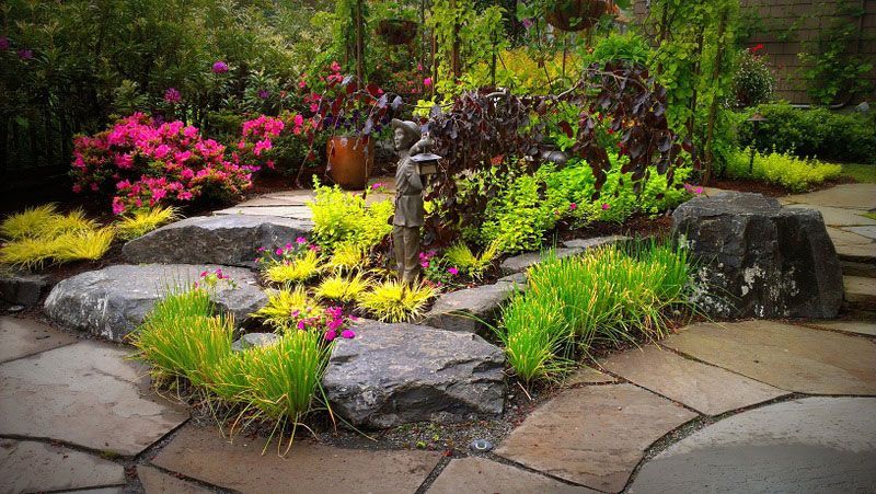 a garden filled with lots of flowers and rocks