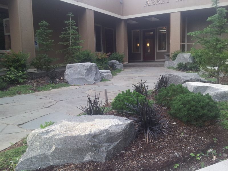 a large stone walkway leads to the entrance of a building