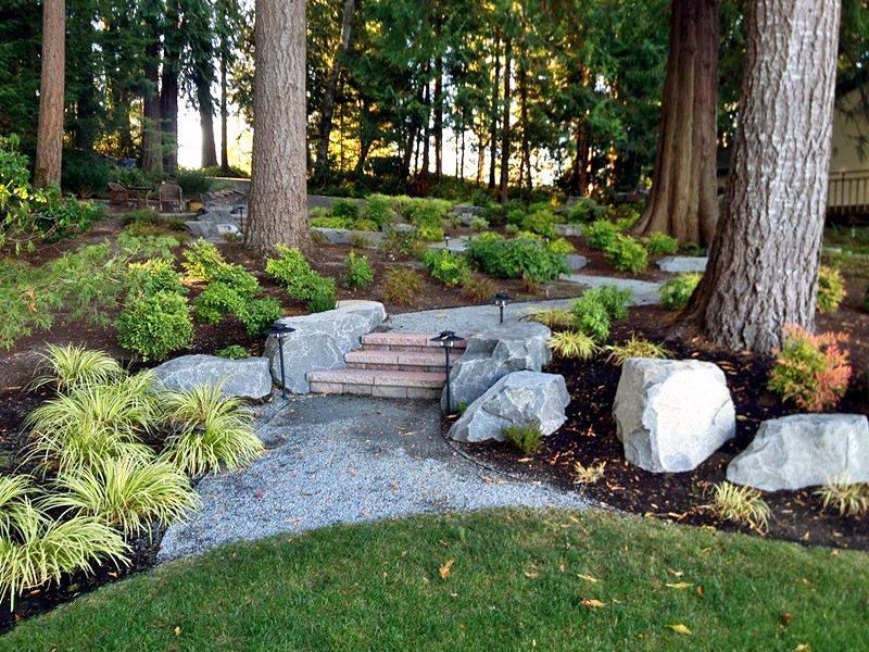a lush green garden with trees and rocks in the background