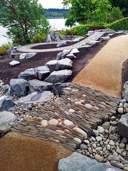 a path surrounded by rocks and dirt leading to a body of water