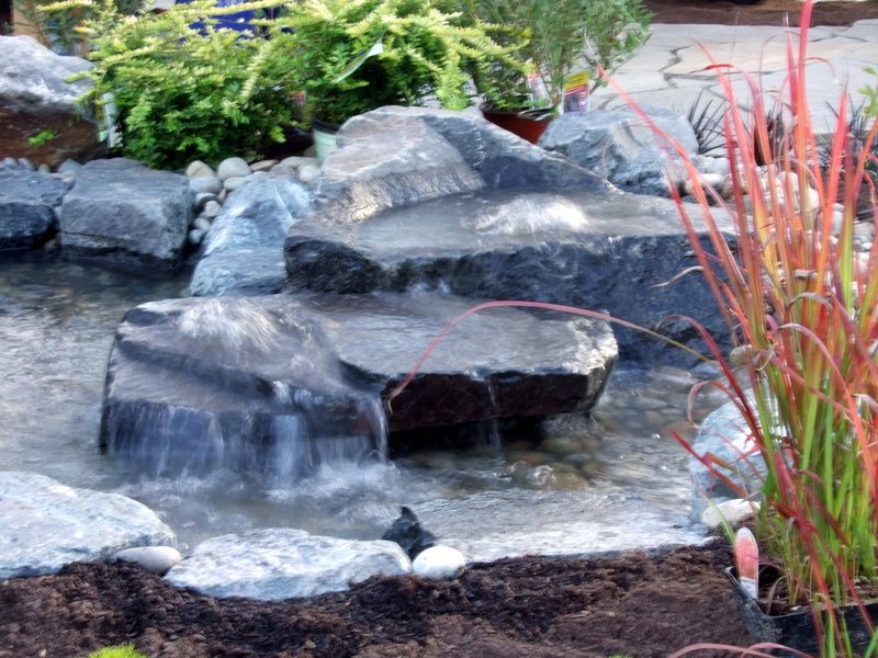 a small waterfall is surrounded by rocks and plants