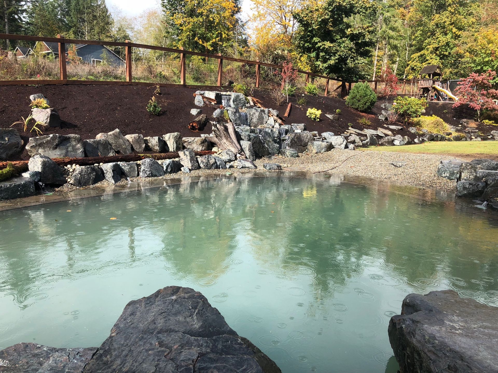a pond surrounded by rocks and trees
