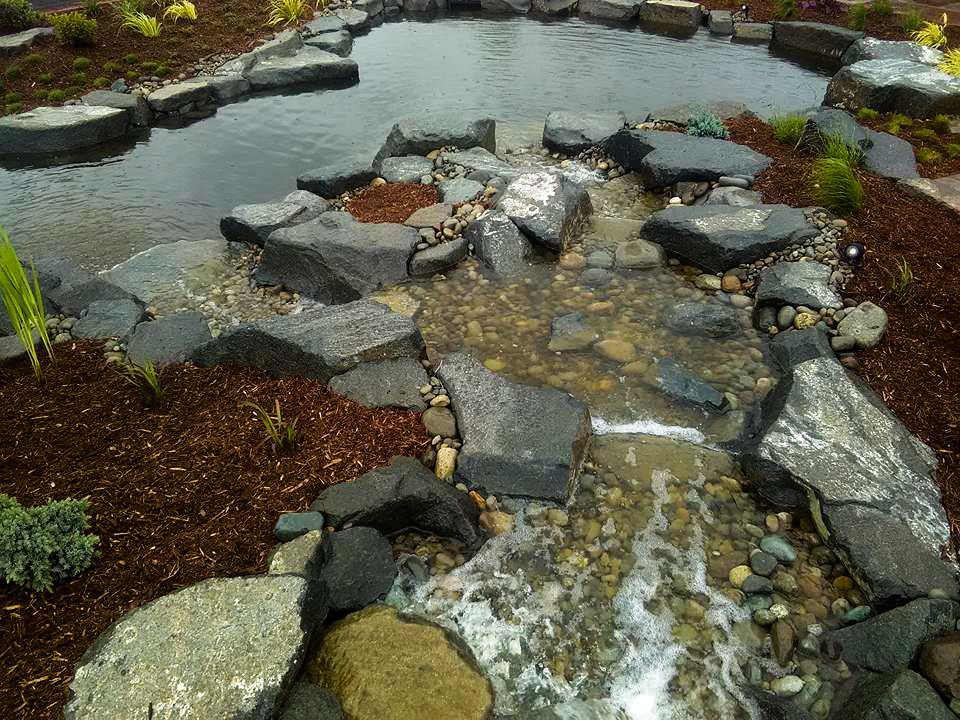 a pond surrounded by rocks and water in a garden