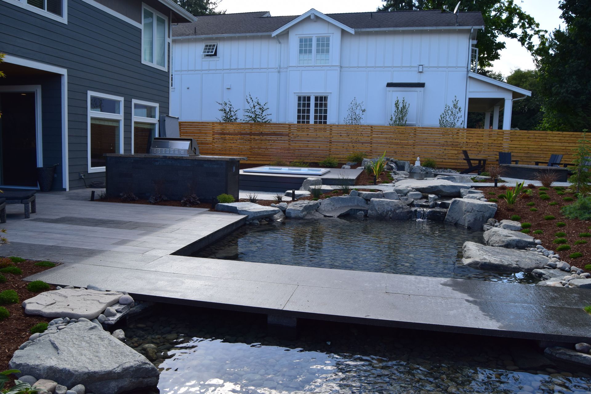 a house with a pond in front of it