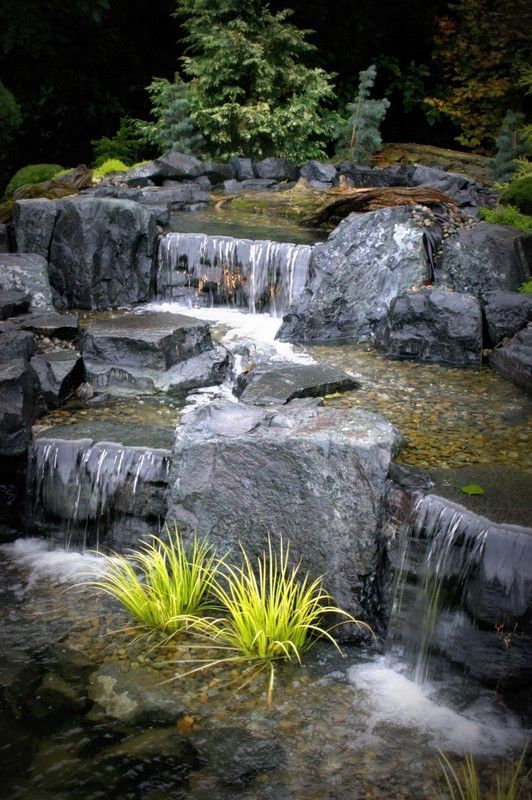 a waterfall is surrounded by rocks and trees in a garden
