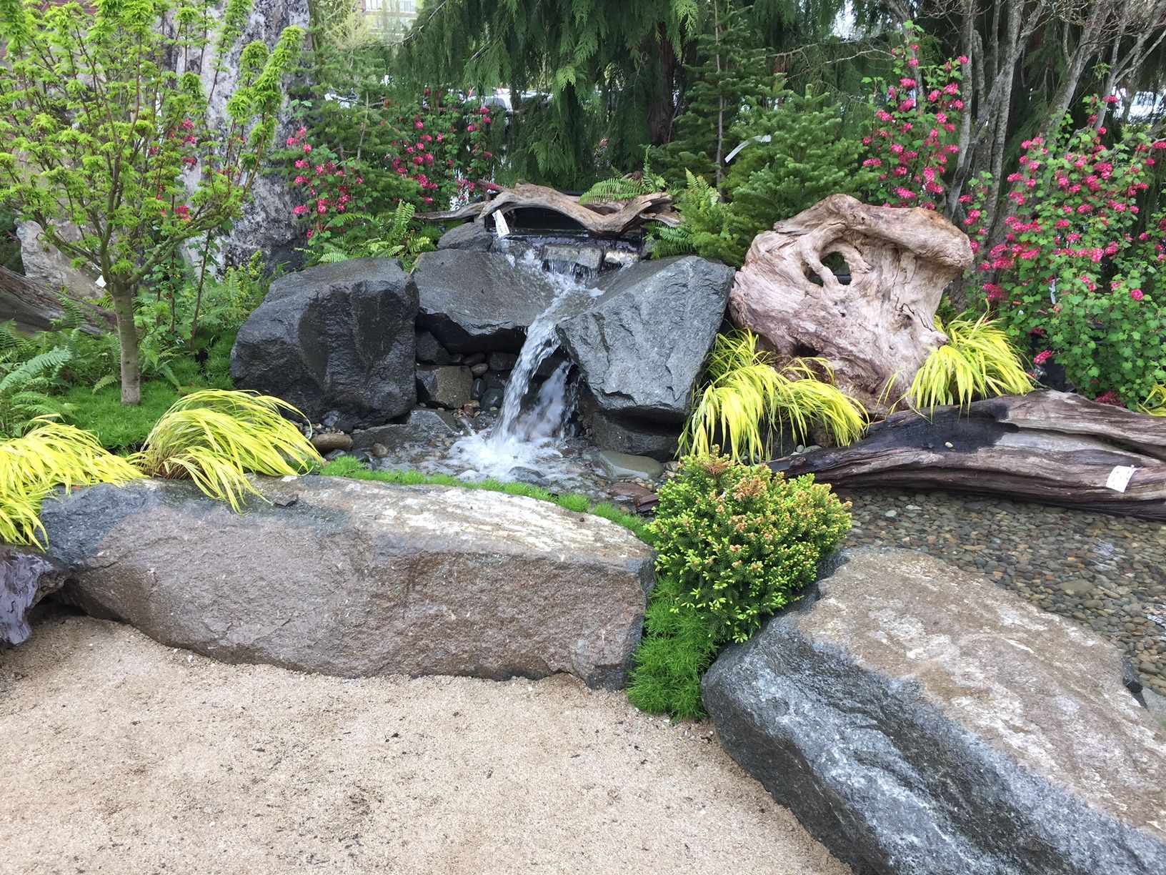 a waterfall is surrounded by rocks and plants in a garden .