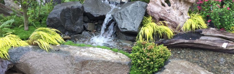 a small waterfall is surrounded by rocks and plants in a garden