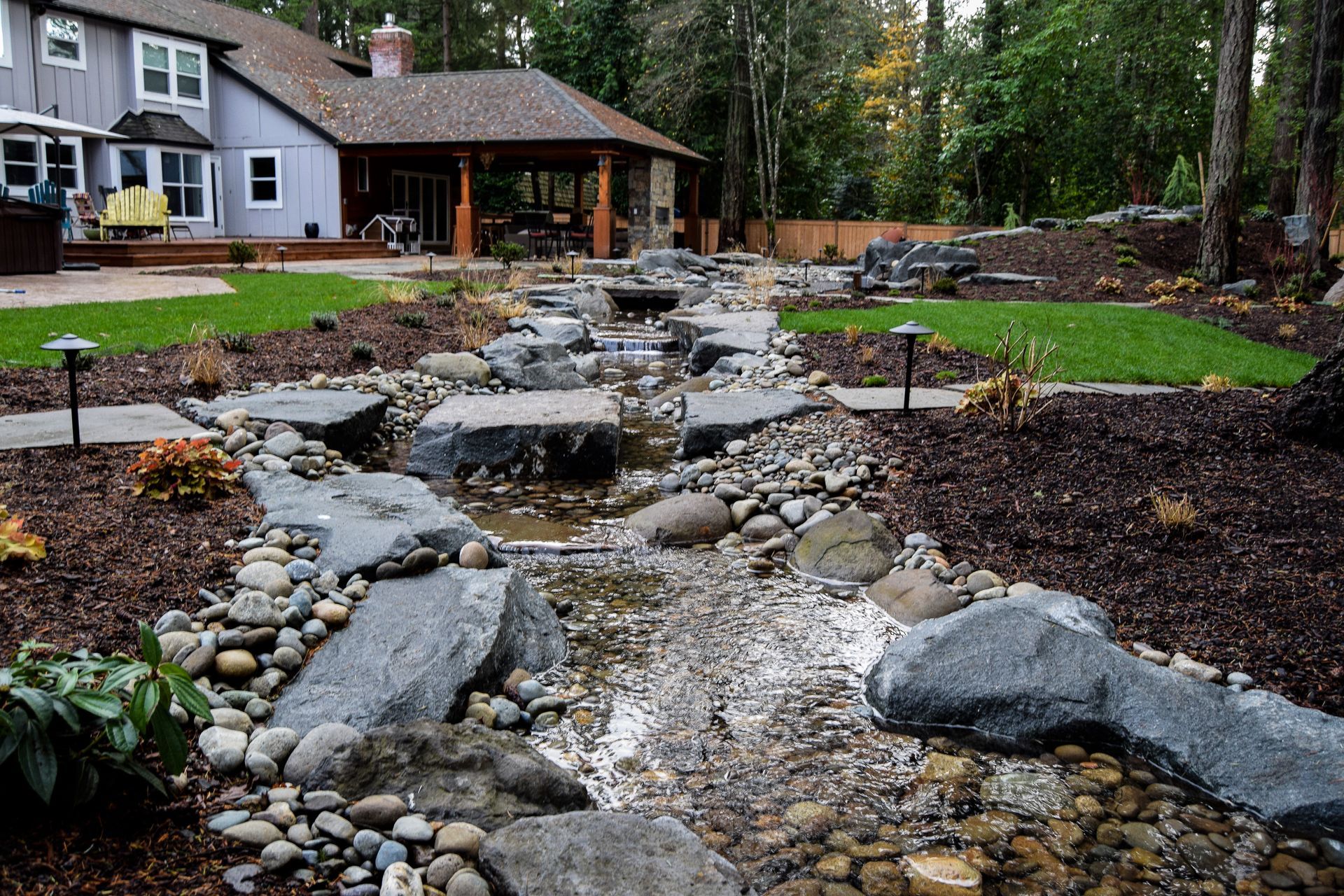 there is a stream running through the backyard of a house
