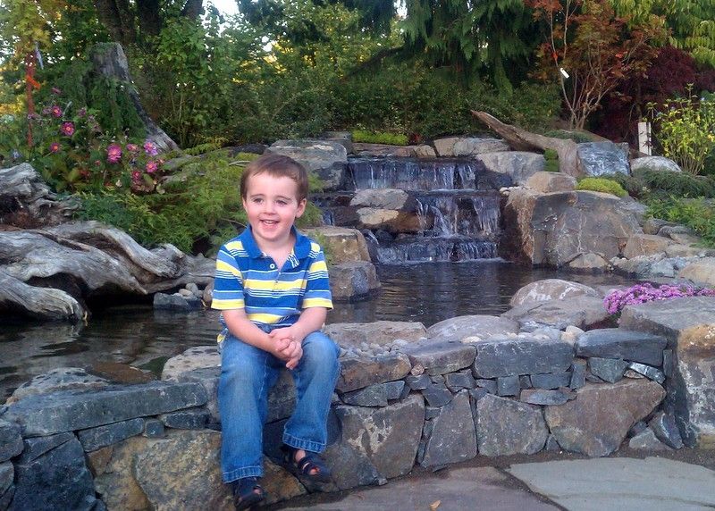 a young boy is sitting on a stone wall in front of a waterfall .