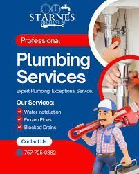 Advertisement for Starnes Mechanical plumbing services, featuring a cartoon plumber holding a wrench and a phone number.