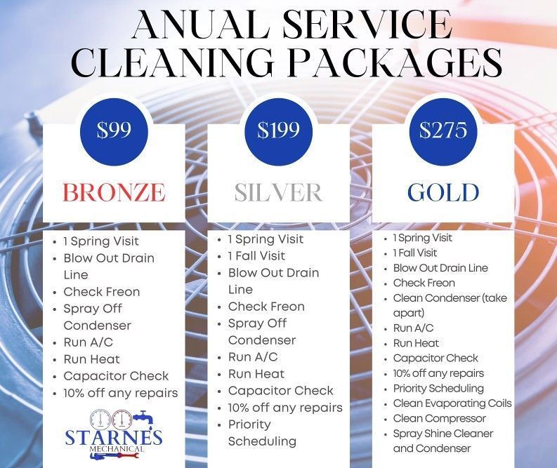 Service cleaning packages: bronze, silver, and gold. Package details include cleaning services.