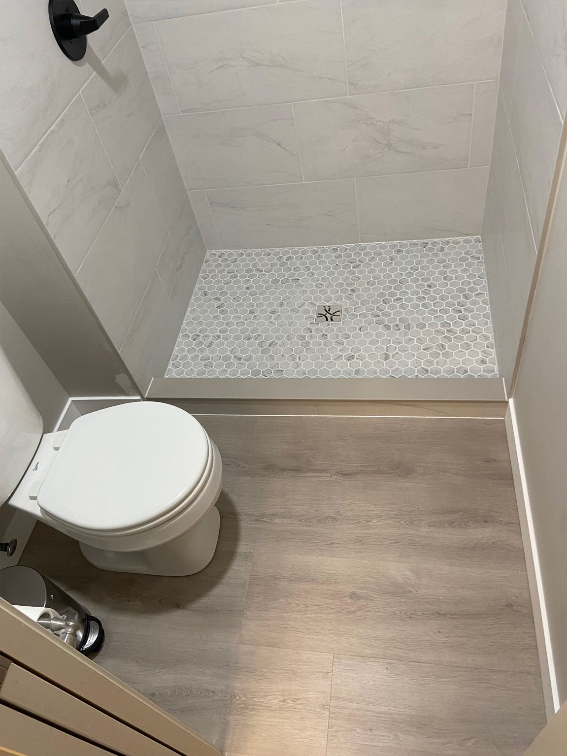 Small bathroom with a white toilet, wood-look floor, and tiled shower area.