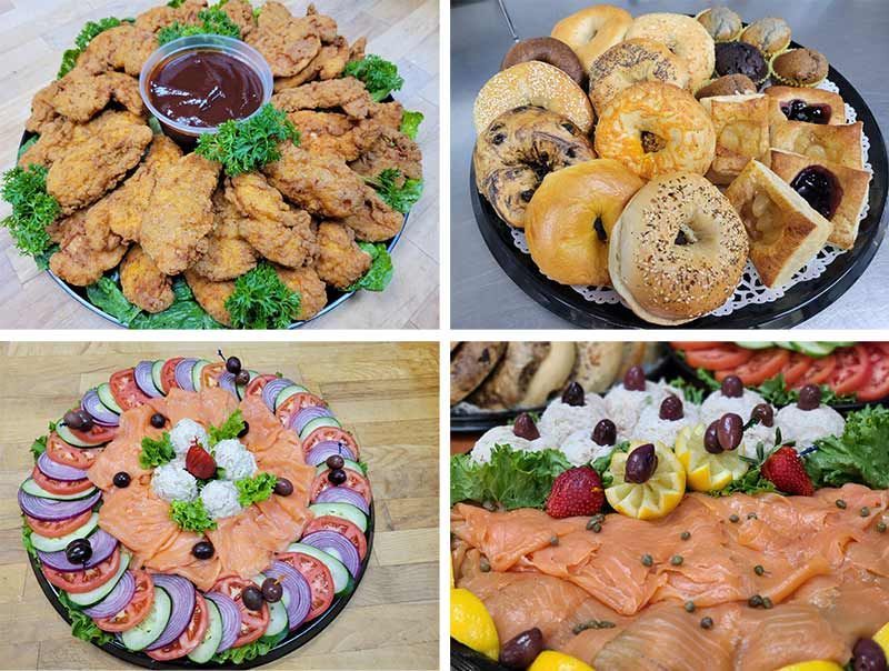 A collage of four pictures of different types of food on plates.