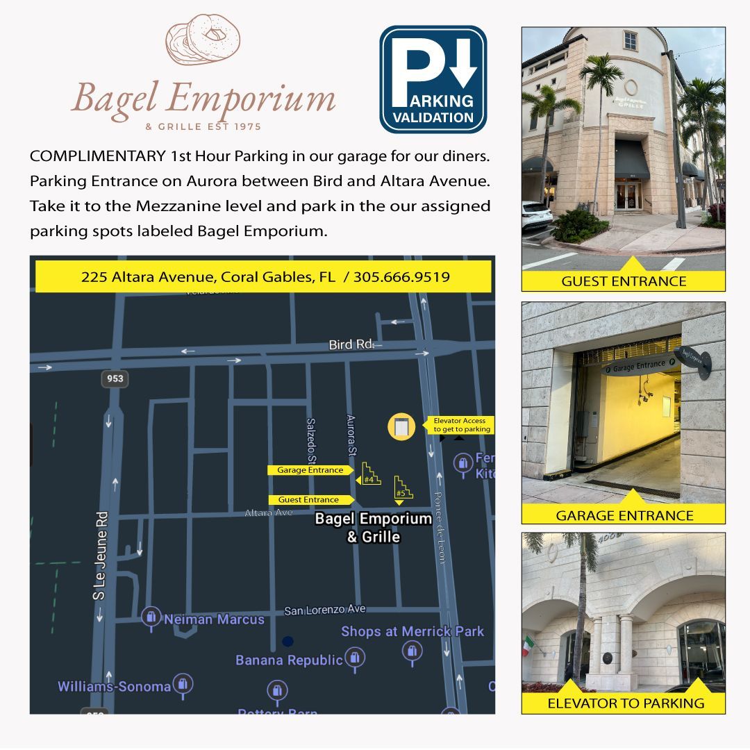 Informational flyer for Bagel Emporium parking with map, address, and photos of entrance and garage access.